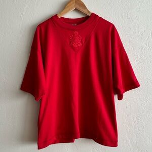 American Impressions Vintage Preppy Red Embroidered Crest Tunic Shirt Old Money